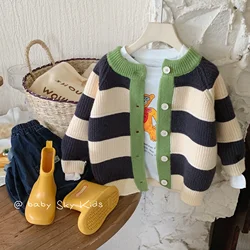 Children Sweater 2023 Autumn and Winter Korean Style Boys and Girls Striped Matching Color Sweater Coat Casual Cardigan