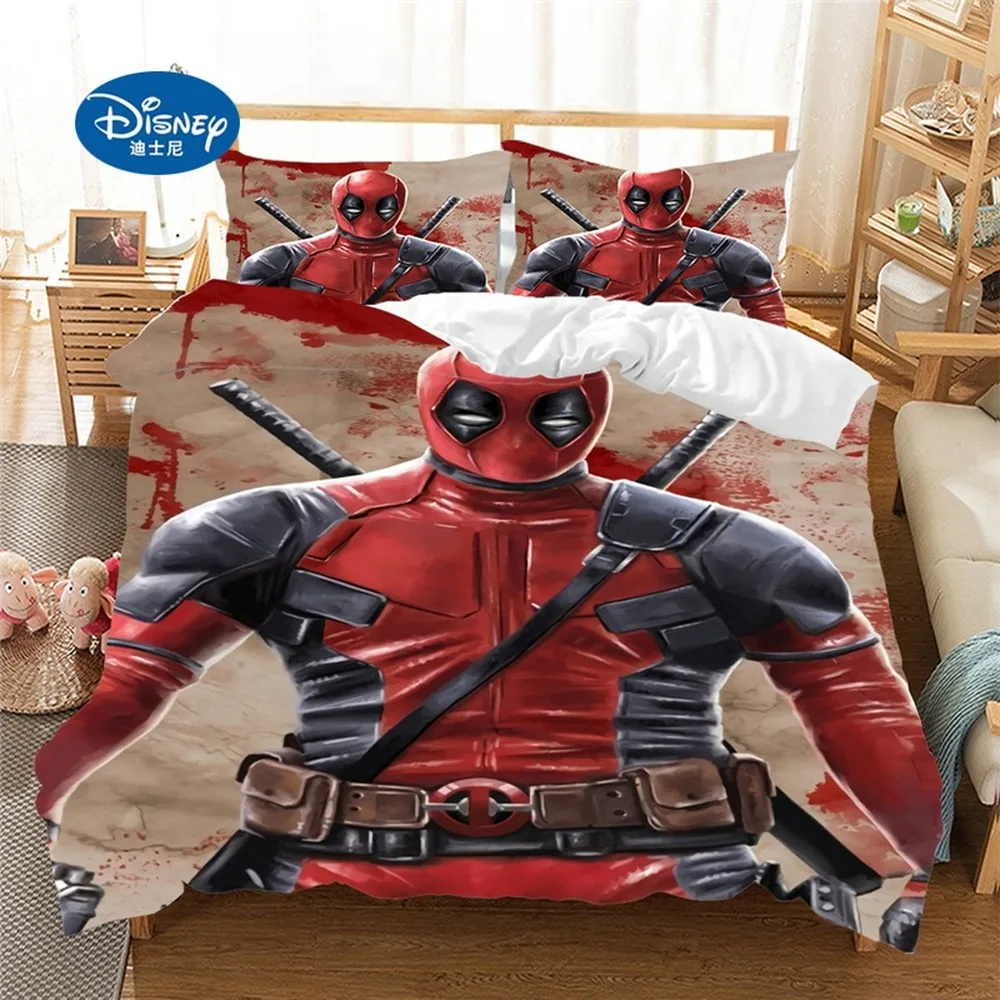 Disney-juego de ropa de cama de Deadpool, funda de edredón, funda de almohada, textiles para el hogar, regalo para adultos y niños, tamaño Queen y