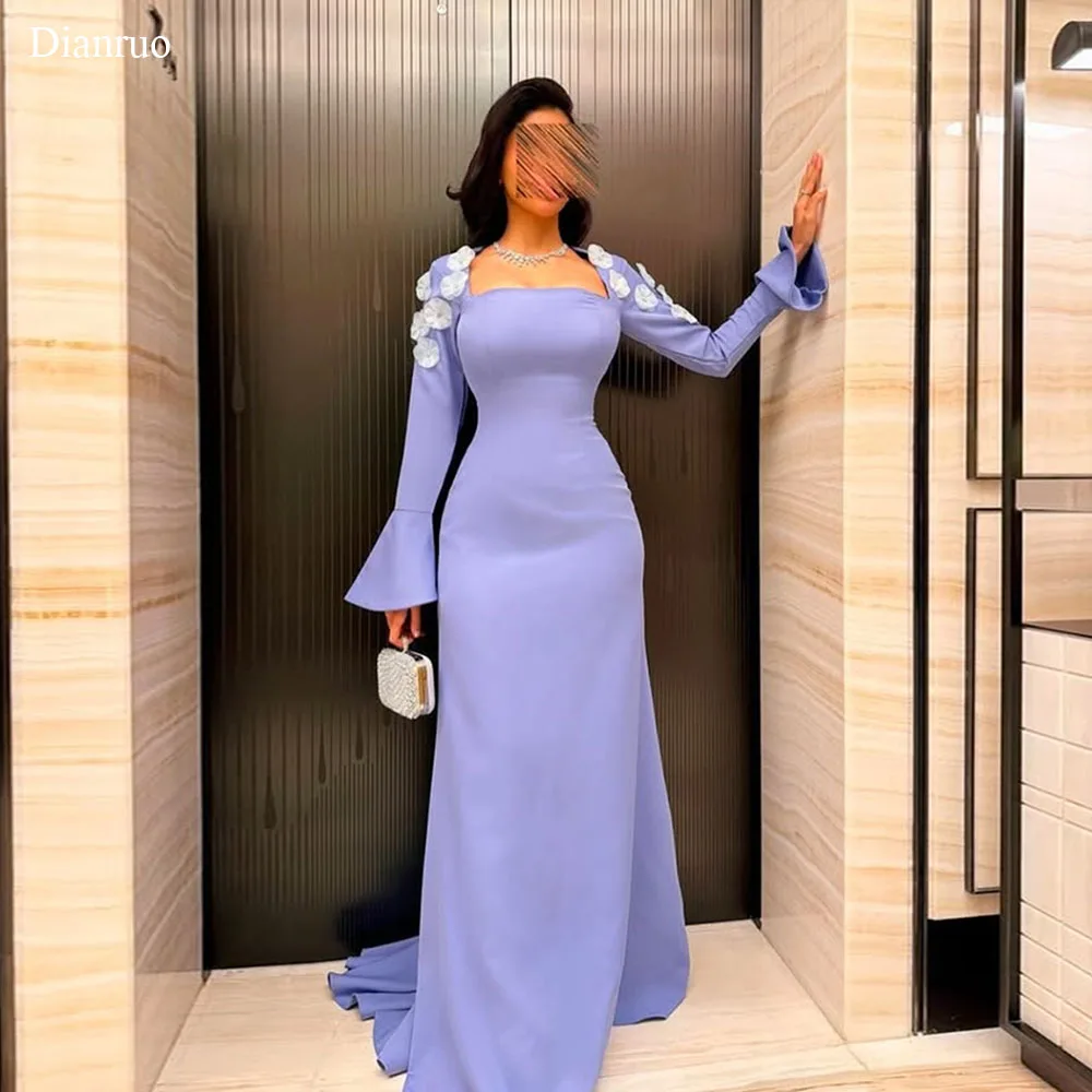 

Dianruo Formal Flared Cuff Evening Dress Floral Square Collar فساتين سهرة Lavender Elegant Mermaid Abendkleider Dubai Customized