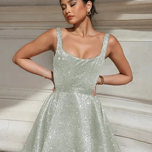 Fantoye Elbise Köpüklü A-Line kadın bilezik, moda gümüş, parıltı, ipek, parlayan, zarif, Parti, Clubwear, sonbahar Elbisenin ilk 10 satışı saten ve gümüş 2 numara