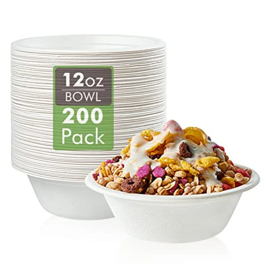 

200 Pack 12 OZ Paper Bowls, Disposable Compostable Bowls Bulk, Eco-friendly Bagasse Bowls, Heavy-duty Bowls Perfect for Milk Ce