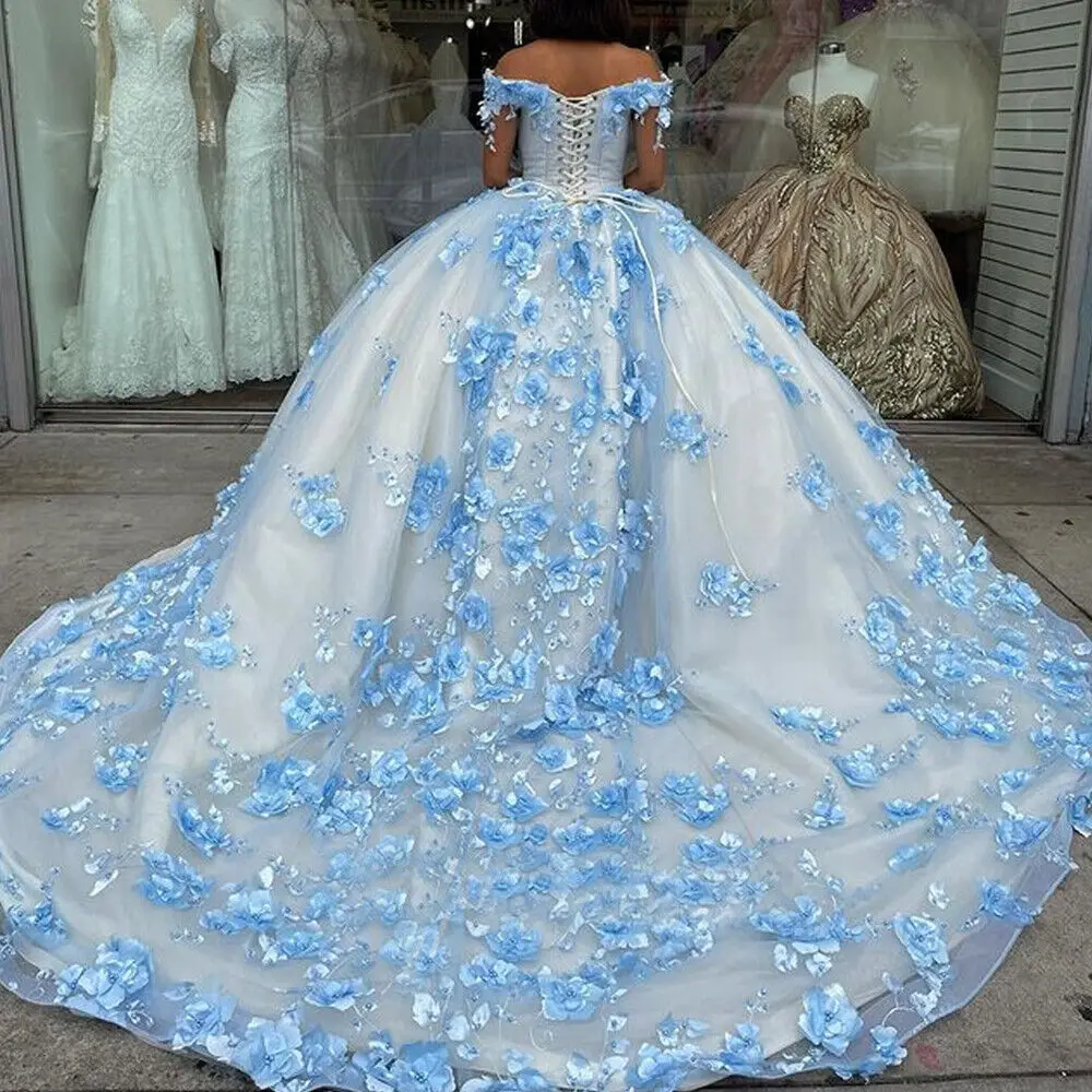 

Blue Off The Shoulder Quinceanera Dresses 3D Flowers Appliqued Elegant Ball Gown Pleated Graduation Birthday Party Prom Wear