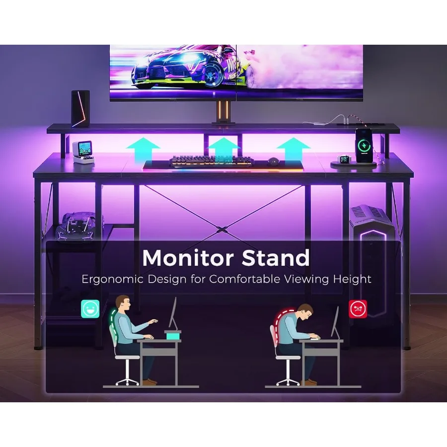 مكتب ألعاب مقاس 48 بوصة مع مكتب كمبيوتر بإضاءة LED مع حامل شاشة وطاولة كمبيوتر مع حامل وحدة المعالجة المركزية باللون الأسود العميق #6