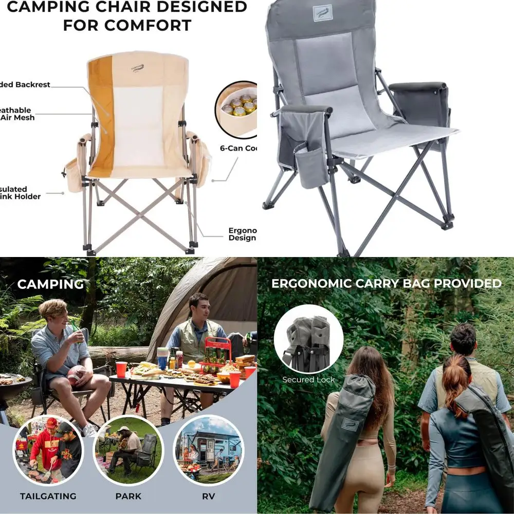 Robusta sedia da campeggio pieghevole per adulti con schienale imbottito - Ideale per attività all'aperto, sport, spiaggia e pesca, supporta 400 libbre