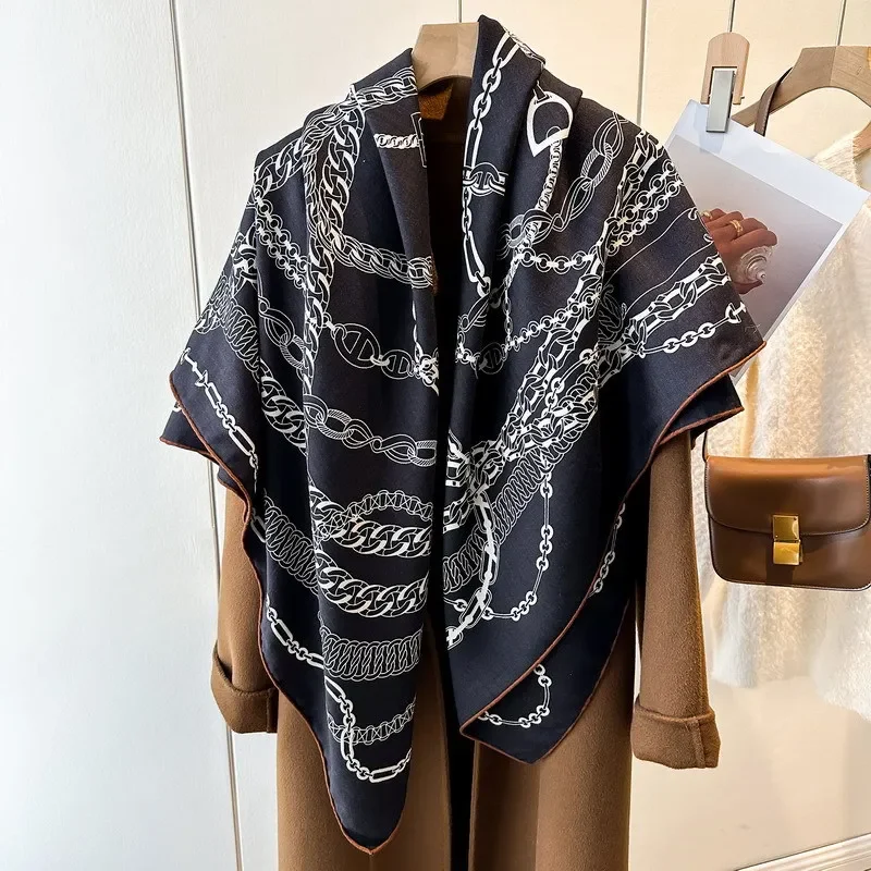 High-end Elegant Women H Chain Double-sided Same Colors Print Quality Silk Wool Hand-rolled Edge Warm Large Square Scarf Shawl