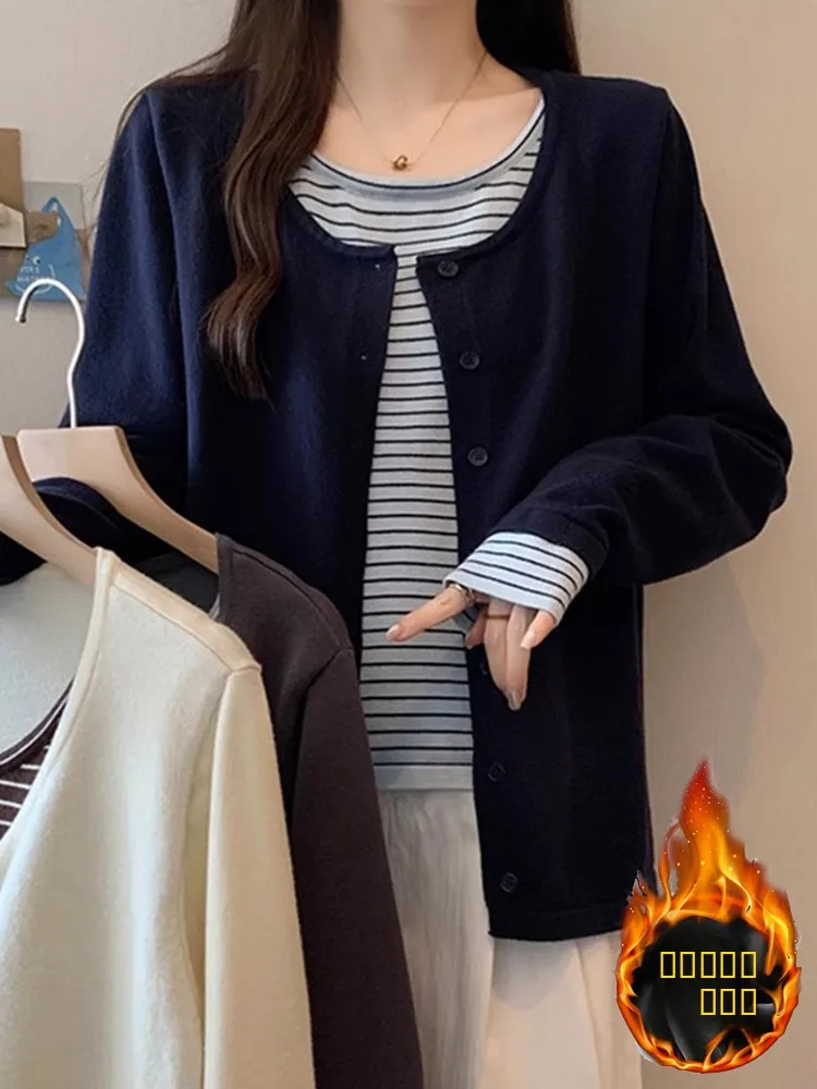 

Модный корейский вязаный топ с длинными рукавами, стройнящий, скрывающий недостатки фигуры, в полоску, имитация двухслойности, женская модная осенняя новинка