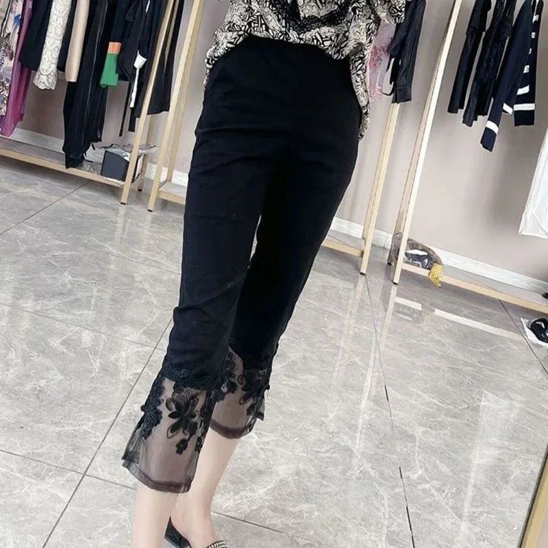Solid Color Thin Slim Ladies Pencil Summer Fashion Patchwork Lace Hollow Out High Waist Women\'s Clothing Black Calf-Length Pants