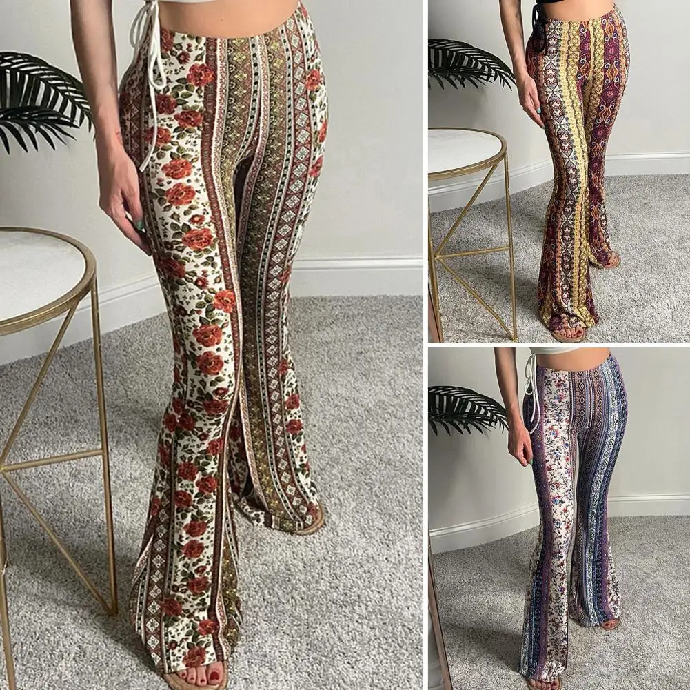 

Bohemian Style Casual Pants Bohemian Floral Print Women's Pants with High Waist Flared Hem Soft Breathable Slim Fit for Full