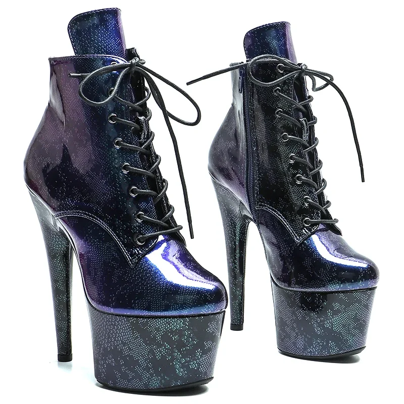 Leecabe 17CM/7inches  Shiny Snake PU Upper  lace up  High Heel  platform party ankle Trend fashion stripper heel Pole Dance boot
