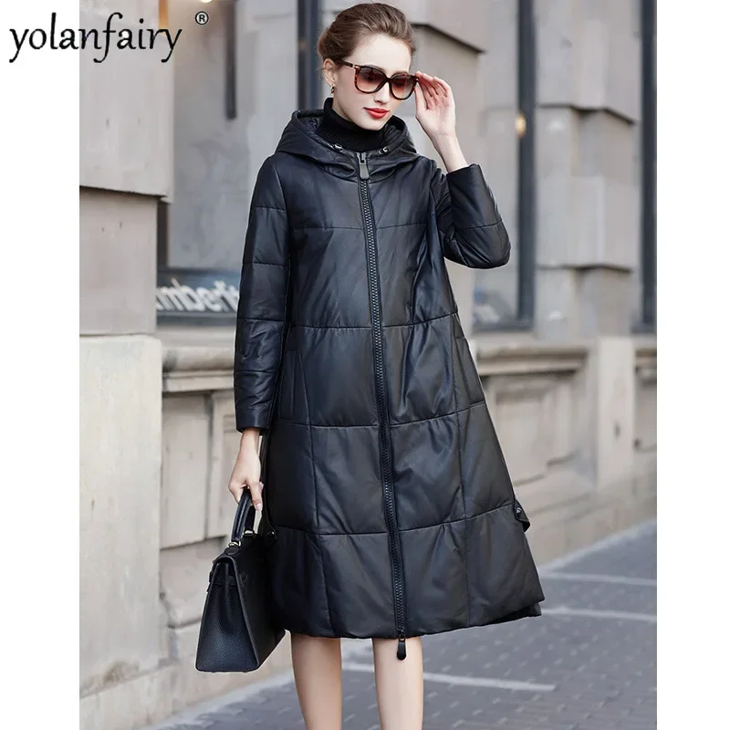 2023 Winter New Women's Sheepskin Leather Down Jacket Medium Length Hooded Loose A-line Leather Coat for Women Doudoune Femme