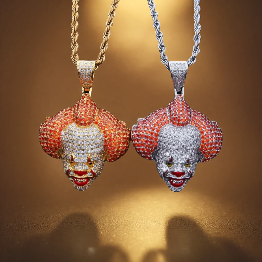 Men's Hip-Hop Circus Clown Doll Mask Pendant Necklace Set with Zircon Colored Dripping Oil Fashion Jewelry Cute Chain Accessory