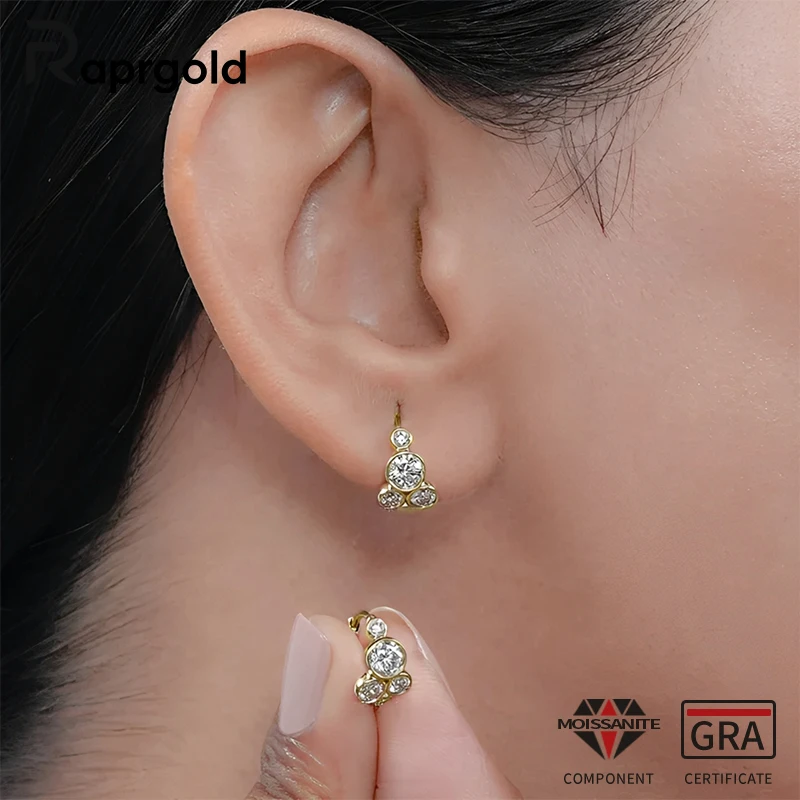 

Серьги-кольца RAPRGOLD с асимметричными муассанитами разных размеров для женщин, позолоченные 14-каратным золотом, изысканные ювелирные изделия, подарок с сертификатом GRA