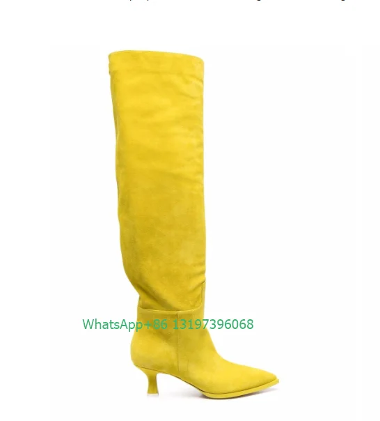 Lady yellow pointed-toe knee-length boots suede sexy kitten low heel boots green PU daily boots bright color footwear size 46