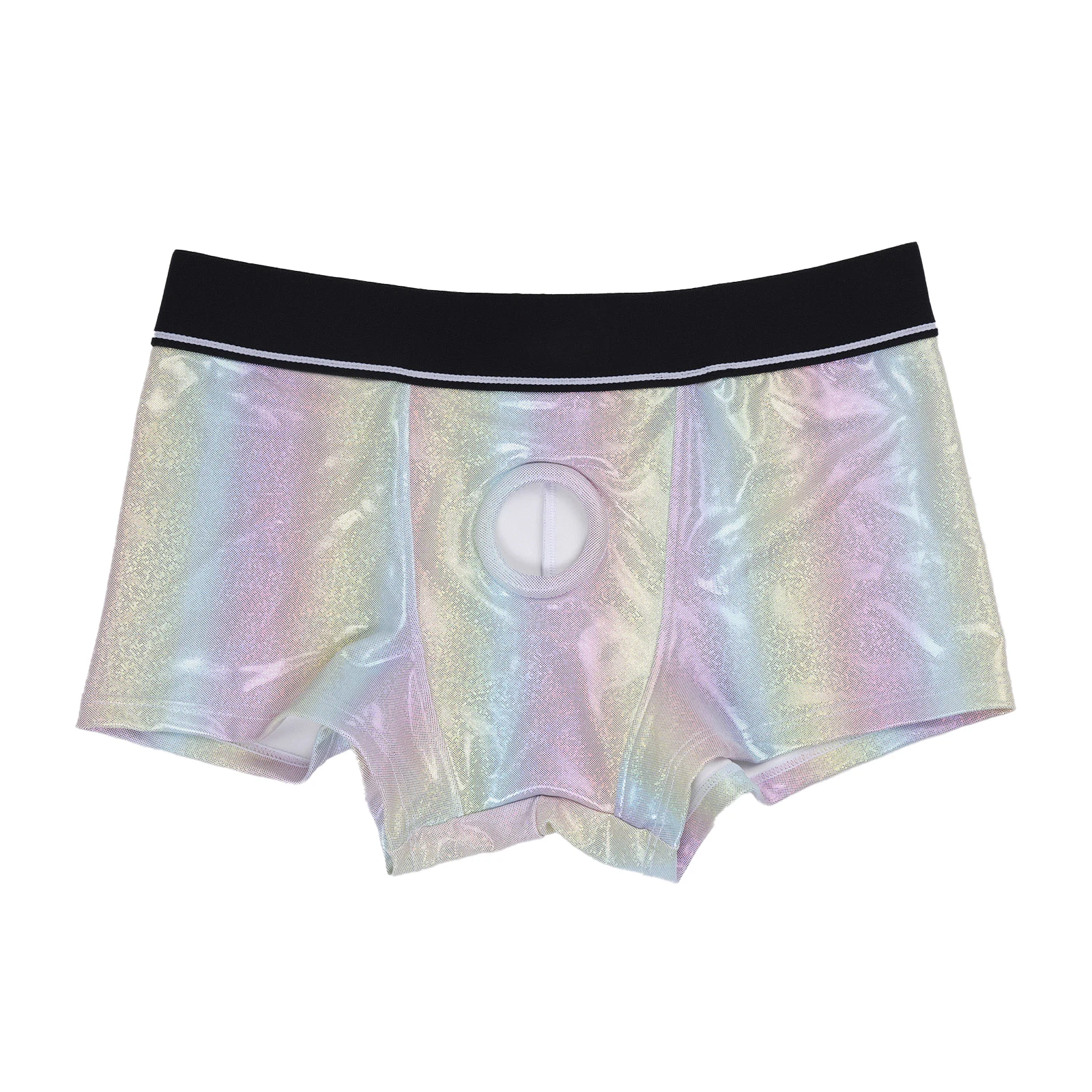 Mens Lingerie Metallic Shiny Boxer Shorts with Built-in Silicone Ring Low Rise Cutout Pouch Underwear Rave Nightclub Costume