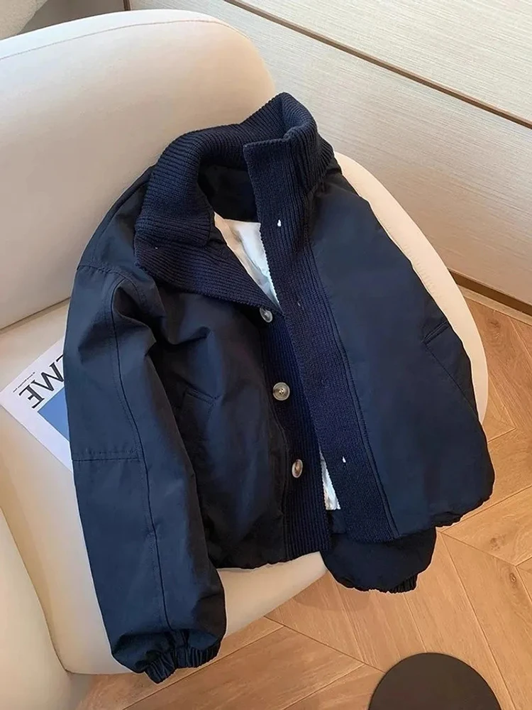 

Navy Blue Button Parkas Women Winter Warm Preppy Sweet Stand Collar Puffy Coats Long Sleeve Vintage Loose Casual Patchwork Tops