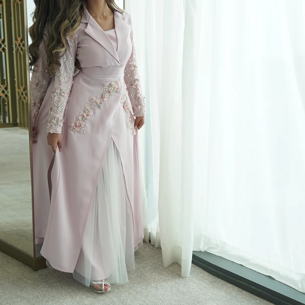 

Customized A-line Evening Dresses Ankle-length Square Collar Full Sleeve Prom Gown Fashion Crystal Beading Flowers Party Gown