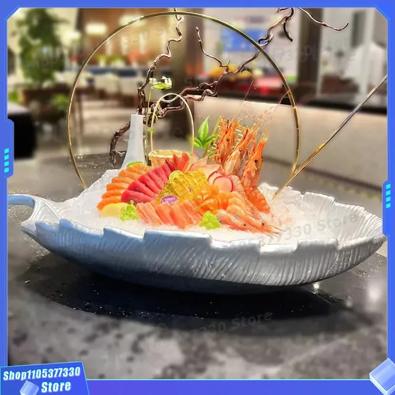 Leaf Shaped Salmon Sashimi Plate Ice Seafood Dish Deep Sea Fish Carving Platter Hot Pot Restaurant Snowflake Fat Cow