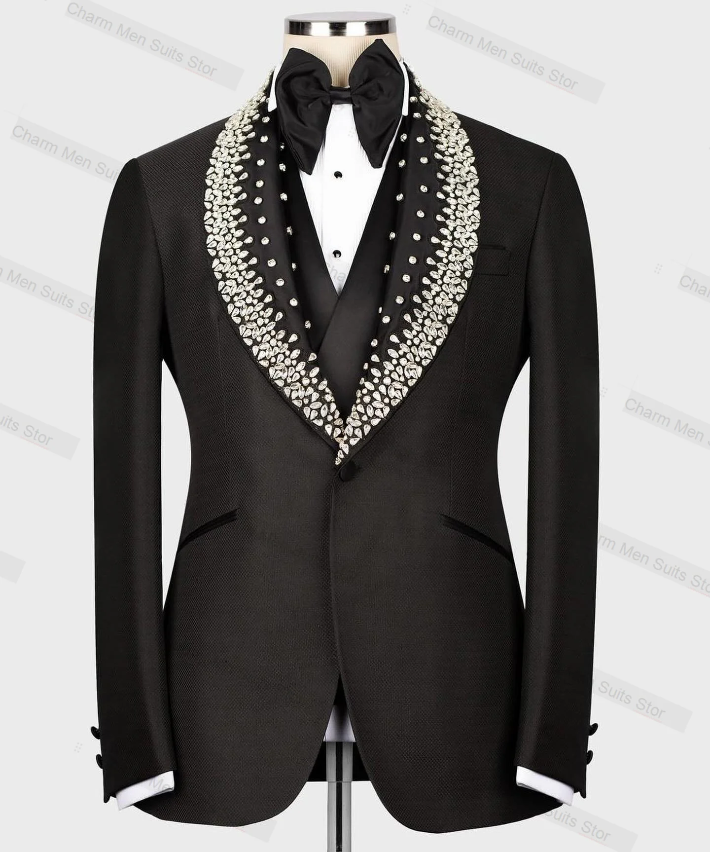 

Crystals Men Suits Set 2 Piece Blazer+Pants Custom Made Jacket Formal Office Business Groom Wedding Tuxedo Single Breasted Coat