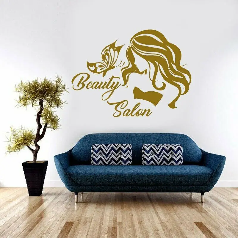 Beauty Salon Sign Hairdressing Wall Sticker Vinyl Butterfly Fashion Girls Wall Art Decor Removable Window Decals Wallpaper A614