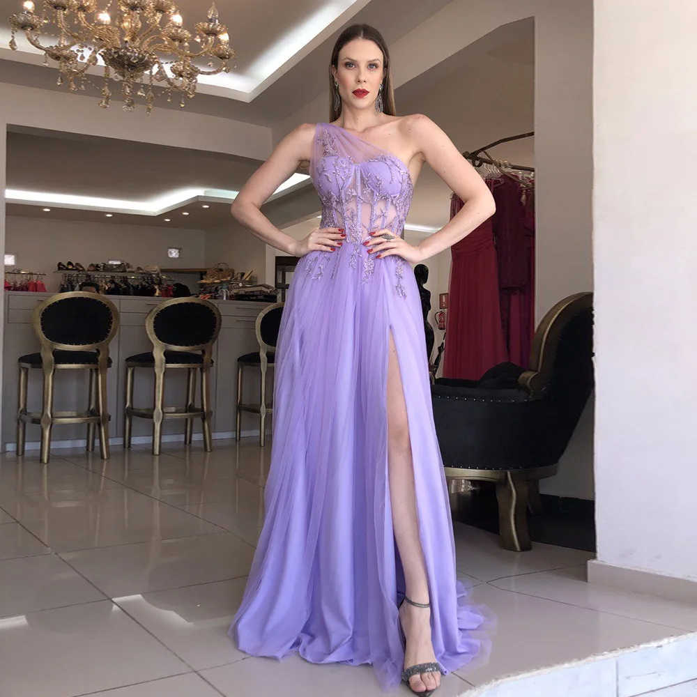 

Purple Evening Dresses For Women One Shoulder Sleeveless Prom Gowns Tulle Side Split Floor Length فساتين مناسبة حسب الطلب