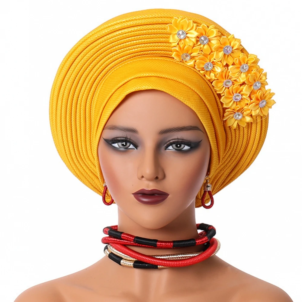 2024 New African Headtie Turban Nigeria Head Ties with Flowers Already Made Auto Gele Women Head Wraps for Wedding Party