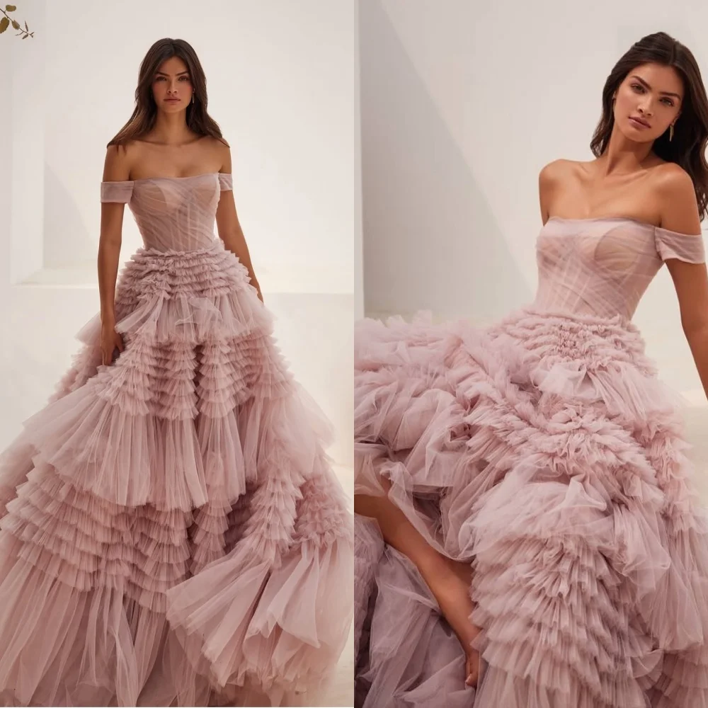 

Customized Charming Light Purple Boat Neck Off the Shoulder Sleeveless Lace Up Back Tiered Sweep Train Special Occasion Gowns