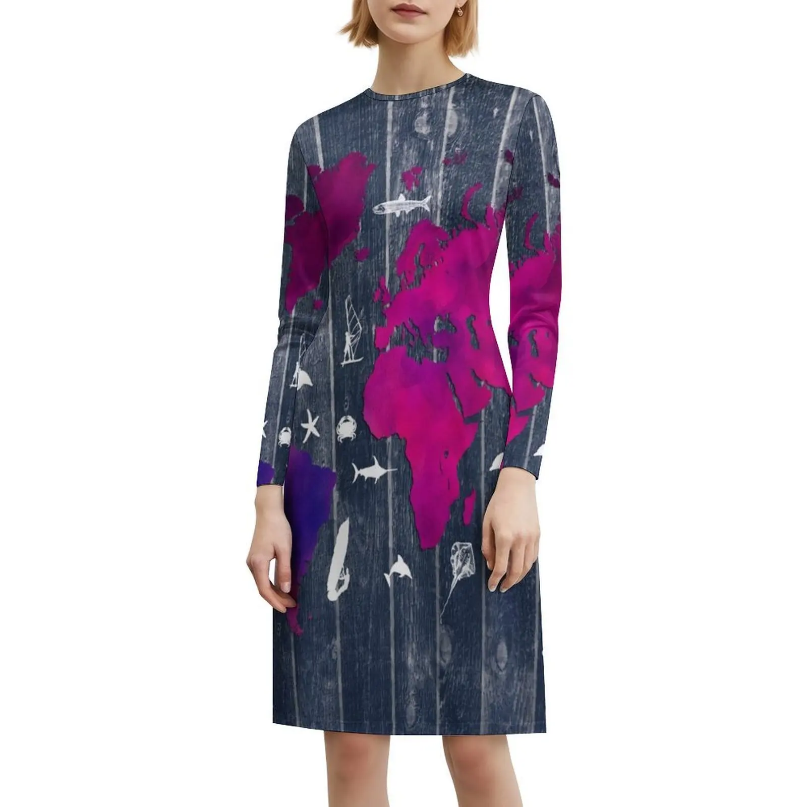 خريطة العالم 99 سمكة وركوب الأمواج # خريطة العالم # فستان على الطراز الكوري للنساء فستان كاجوال أنيق للحفلات أو خريطة الارتداء اليومي