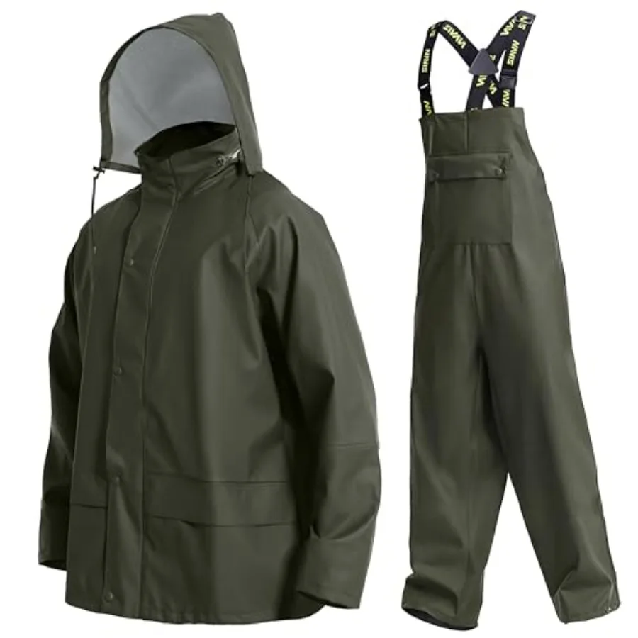 

Mens PRO Workwear 3-Piece Waterproof PU Rain Suit Heavy Duty Hooded Jacket Bib Pants for Outdoor Work Sea Fishing