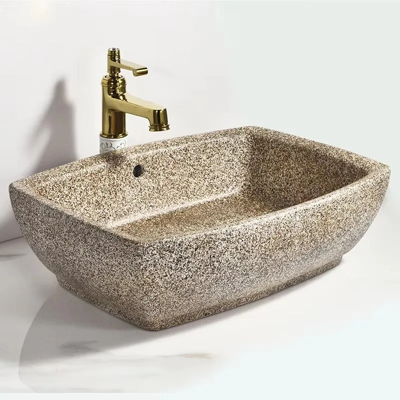 Modern design stone textured rectangular washbasin hand painted indoor and outdoor bathroom basin