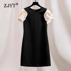 ZJYT Simple Black Dress for Women Summer 2024 Runway 3D Floral Short Sleeve Loose Waist Casual Dress Elegant Vestidos Femininos