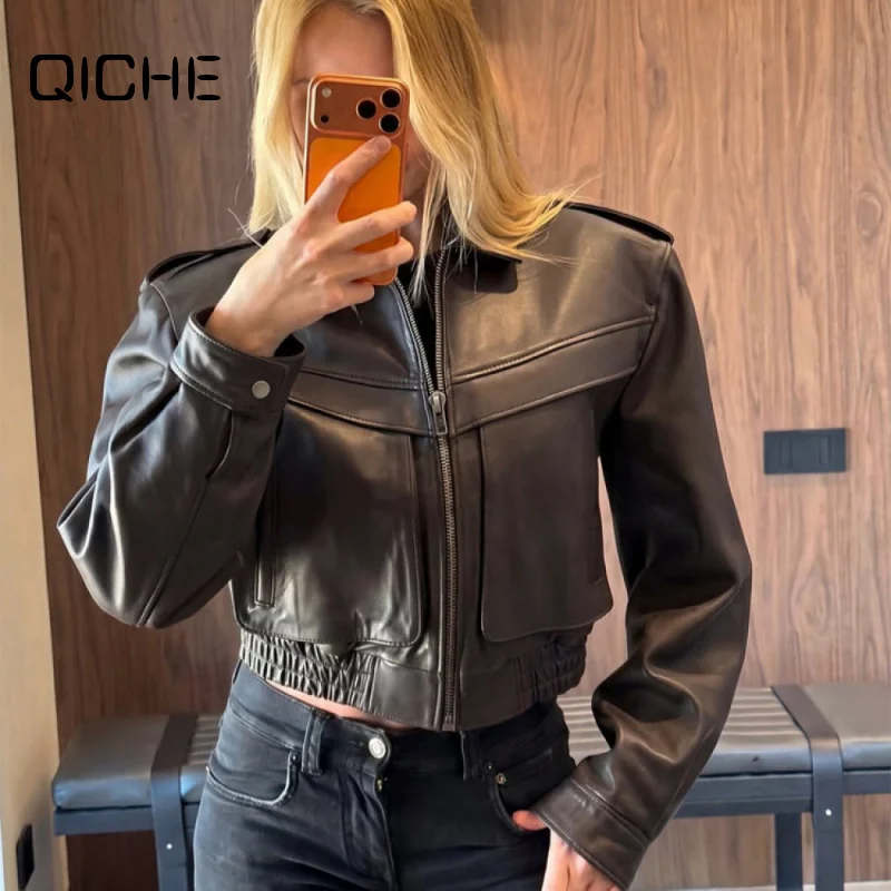 QICHE Women Cropped Faux Leather Jacket Solid Lapel Design 2026 Autumn European Fashion Short Outer Coat