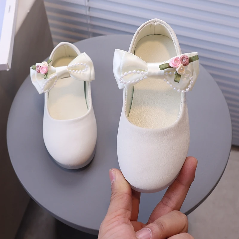 Kids PU Leather Shoes Girls Princess Shoes Baby Girl Simple Flower Bowknot Flats Mary Janes Child Baby Toddlers Baptism Shoes