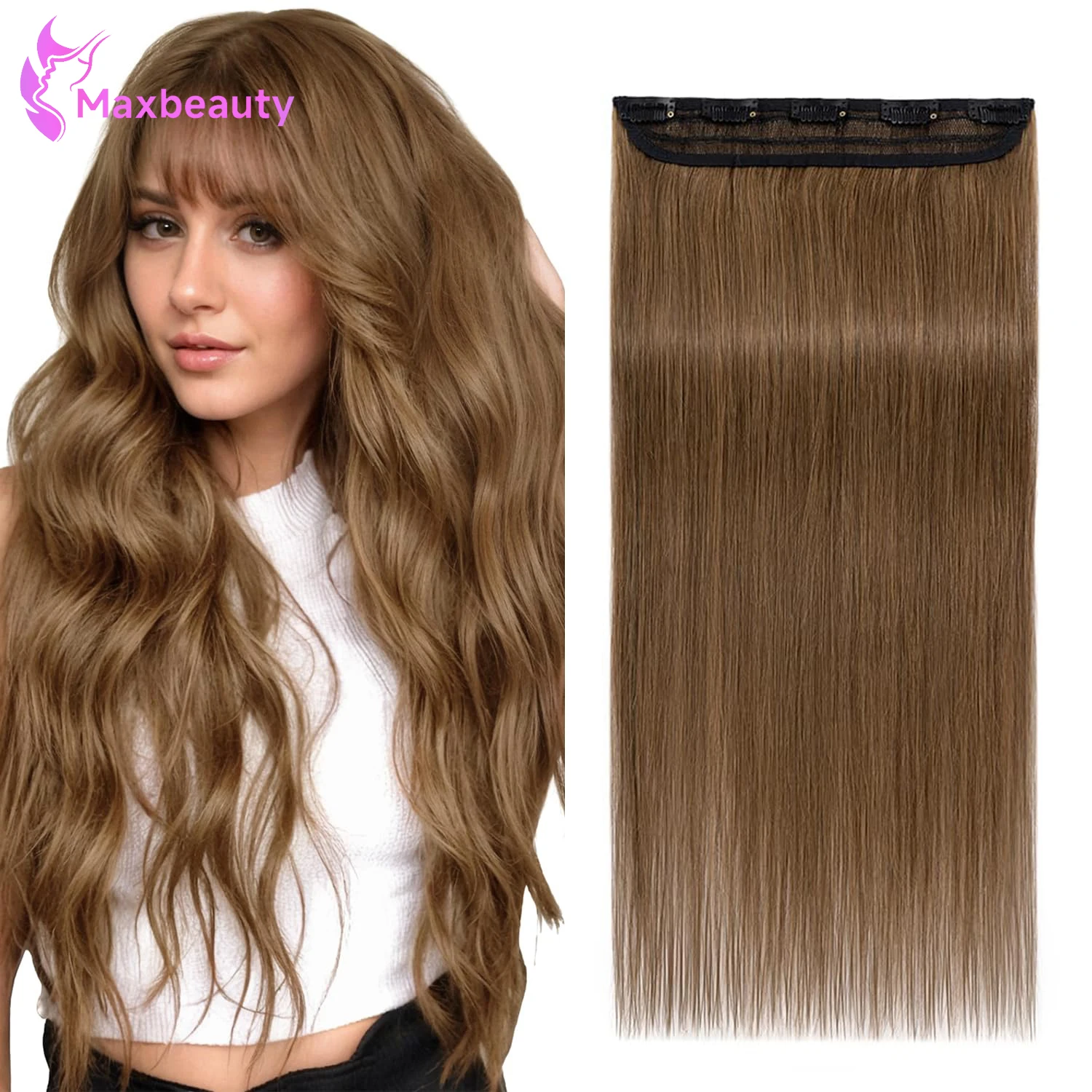 

1 упаковка 3/4 на всю голову, прямая заколка для наращивания человеческих волос, светло-коричневые шиньоны, 5 зажимов, цельный зажим для наращивания для женщин