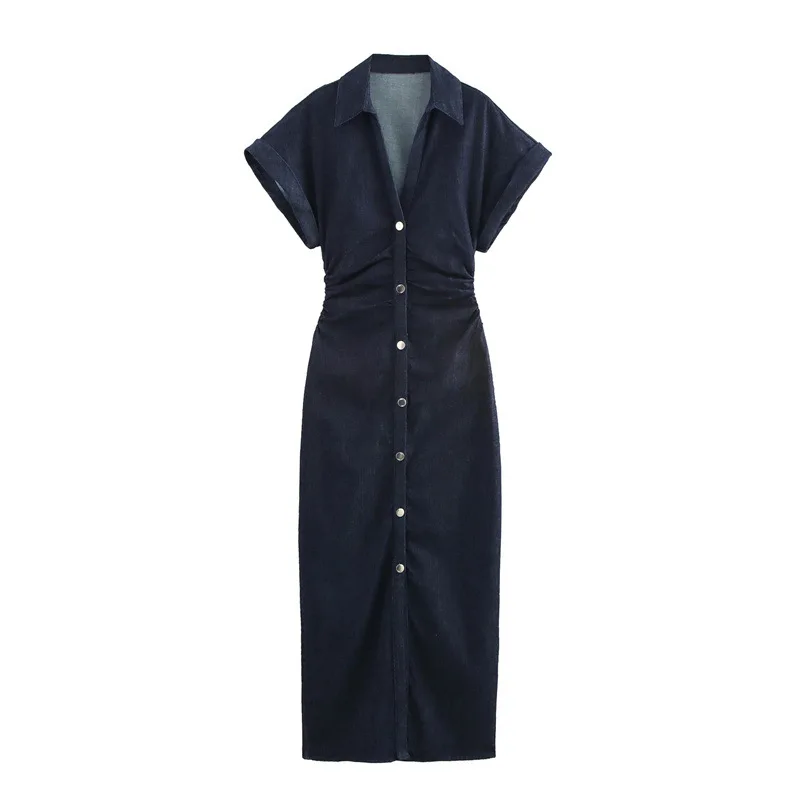 

Denim Shirt Long Dresses for Women Summer Dress Short Sleeve Single Breasted Midi Dress Ladies Casual Dresses