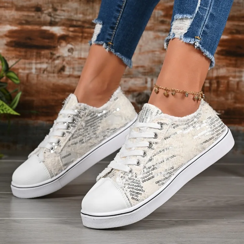 أحذية ربيعية منخفضة الأعلى للنساء، أحذية رياضية مسطحة كاجوال متعددة الاستخدامات بمقدمة مستديرة وقماش ترتر قابلة للتنفس