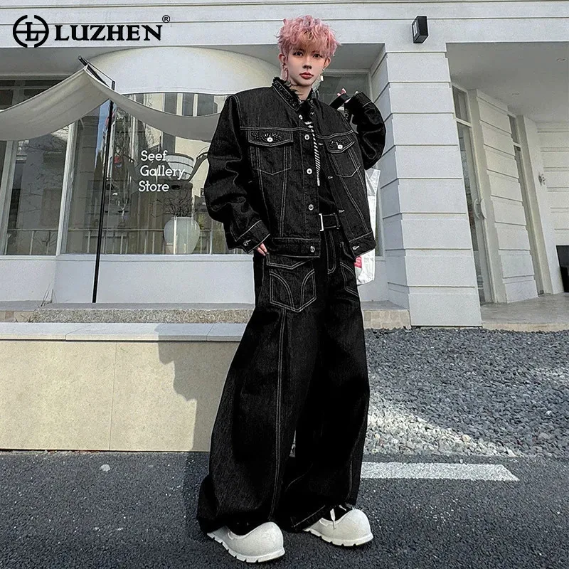 LUZHEN 2026 Spring Solid Color Two-piece Sets Men Fashion Handsome Wide Leg Trousers Original Stripe Outline Casual Coat JY5920