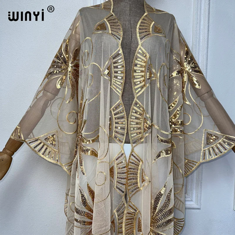 WINYI Embroidered tassel cardigan Bikini Cover-ups dress Perspective sexy Holiday beach outfits for women Evening dress shawl