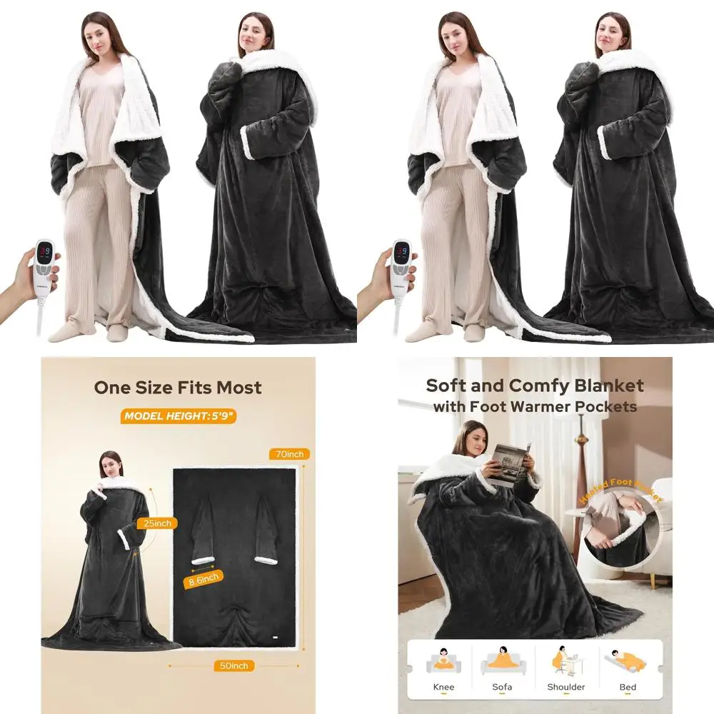 بطانية رمي كهربائية مكونة من 9 مستويات مع جيب للقدم، 10 مؤقتات، فلانيل ناعم وشيربا، 50 × 70 رمادي، هدية مريحة #1