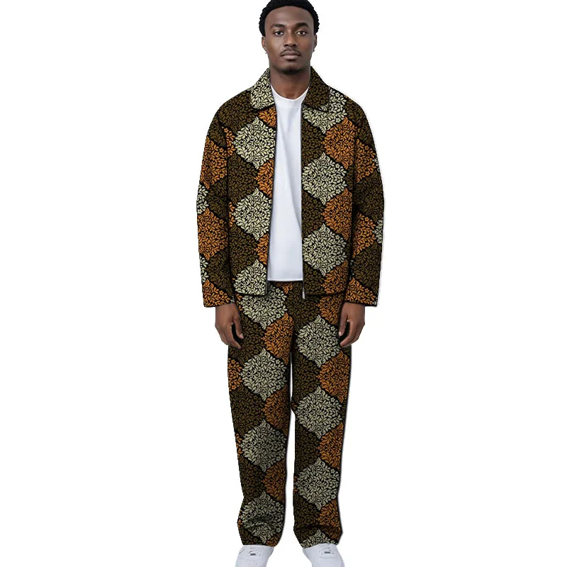 African Men's Dashiki Two-Piece Set with Lapel Jacket