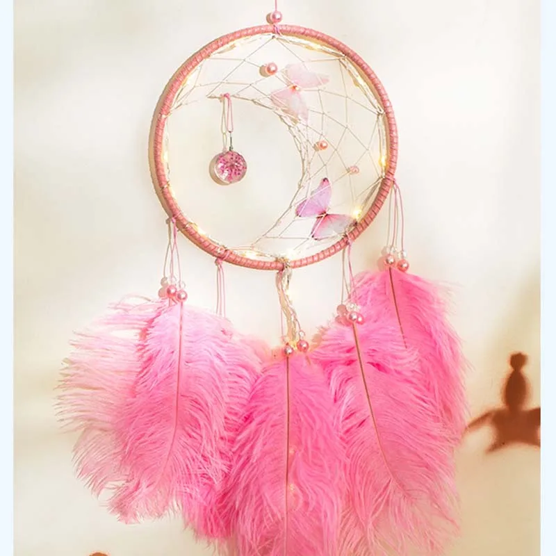 Handmade Ostrich Feather Butterfly Dreamcatcher Hanging Wind Chime Glass Ball Dry Flower Dreamcatcher Hand Woven Windchimes