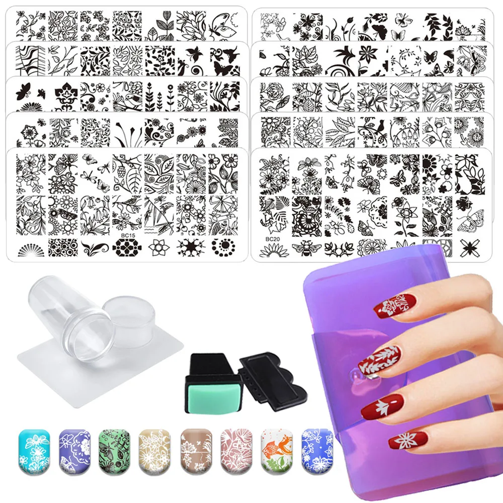 15Pcs Nail Art Stamping Plates Set Butterfly Lace Nail Stamp Plate Kit Stamp Scraper Storage Organizer Gift Box Manicure Tools