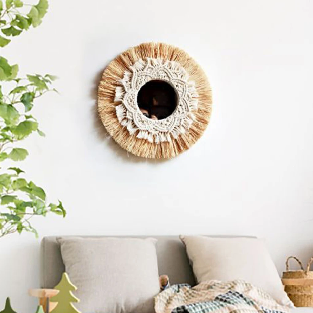 Handmade Straw Woven Mirror Nordic Chic Wall Art For Home Multi-purpose Nordic Raffia Makeup Mirror