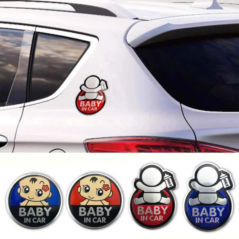 BABY IN CAR Stereoscopic Stickers Creative Cartoon Baby Mother Personality Warning Metal Decorative Stickers