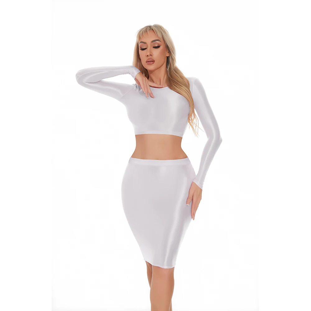 

Sexy Women Oil Glossy Shiny Long Sleeve Smooth Bodycon Two Piece Set Top and Skirt Bandage Elastic Packet Hip Stretch Step Dress