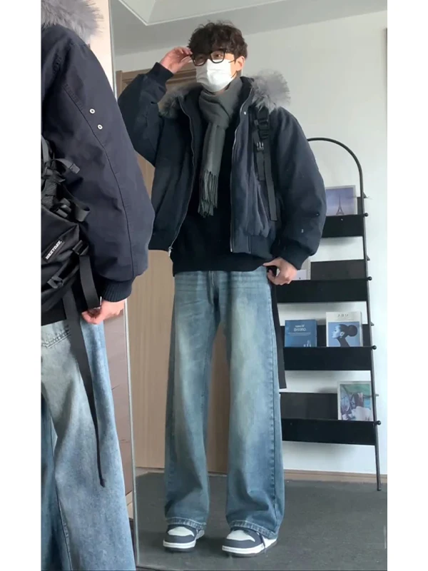 

Американские ретро-джинсы с флисовой подкладкой, широкие прямые брюки для мужчин, молодежные осенне-зимние драпированные микро-клеш брюки для подростков