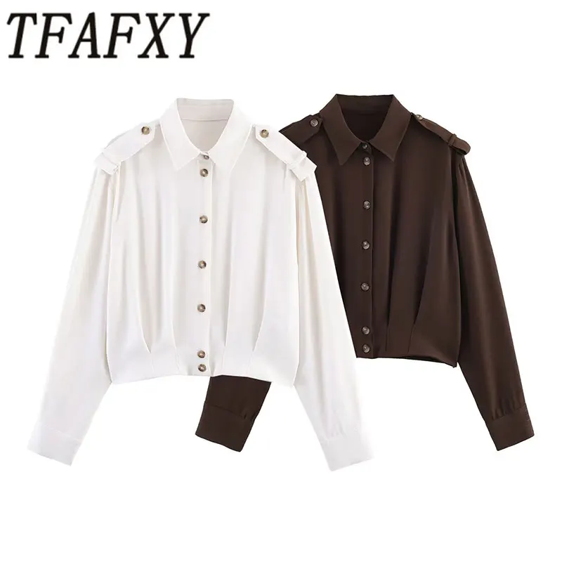 

TFAFXY 2026 Весенняя Новая Женская Повседневная Блузка с Плиссировкой, Длинным Рукавом, Отделкой Эполетом, Однобортная Рубашка, Женский Укороченный Топ