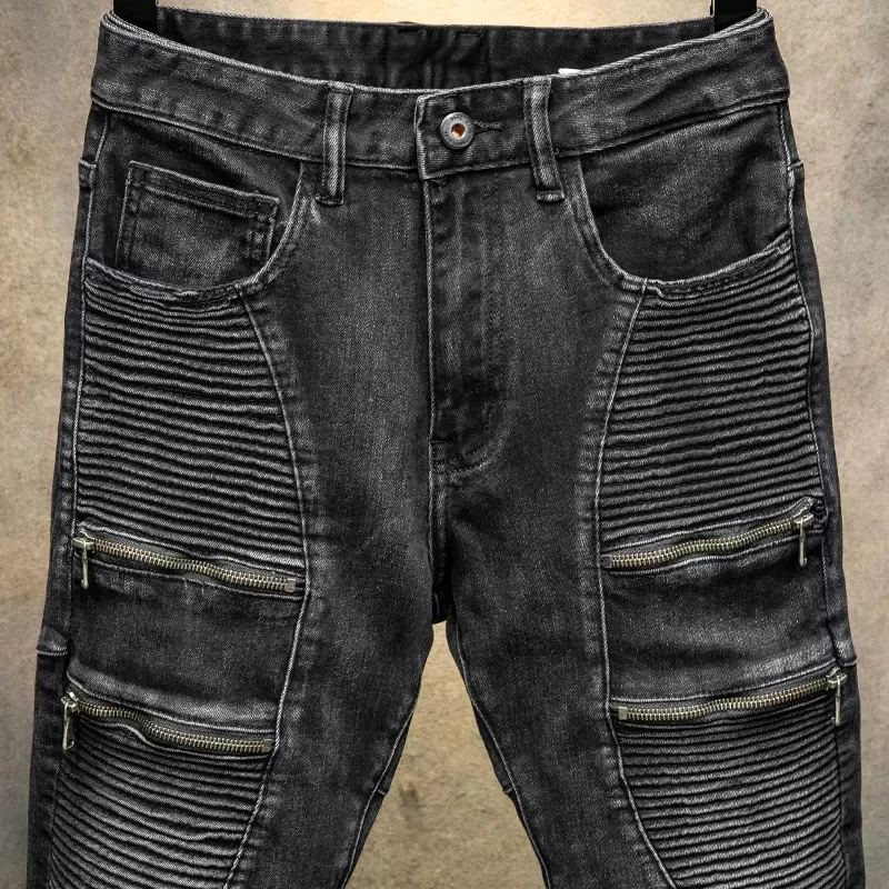 High Street Fashion Men Jeans Retro Black Gray Elastic Stretch Skinny Fit Ripped Jeans Men Patched Designer Hip Hop Biker Pants