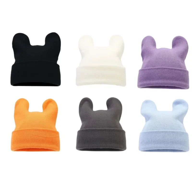 Japanische Niedliche Ohren-Cartoon-Mützen in Unifarben, Gestrickte Beanies für Herbst und Winter, Outdoor-Modekappe für Damen und Herren, Wärmeisolierend für Skifahren