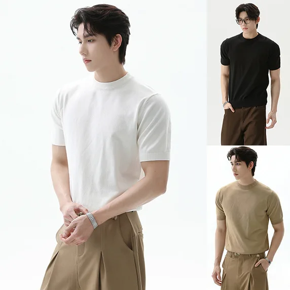 Knitted sweater short-sleeved T-shirt men's solid color crew neck suit with versatile ice silk summer inside