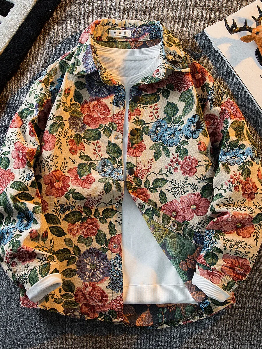 Men's Vintage Floral Print Shirt Jacket Spring Fall Long Sleeve Jacquard Shirt Retro Hippie Tapestry Casual Streetwear Top